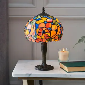 Tiffany Glass Table Lamp Light Dark Bronze & Multi Colour Floral Shade i00212