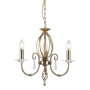 3 Bulb Chandelier Cut Glass Droplets Central Curved Stem Aged Brass LED E14 60W