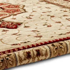 Cream Red Traditional Easy to Clean Bordered Floral Rug For Dining Room-150cm (Circle)