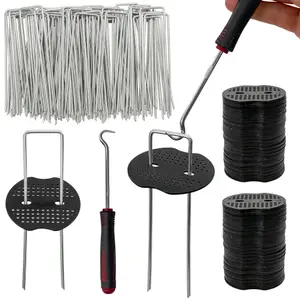 Pack of 200 weed matting hold down pegs with 200 buffer plates+removal tool