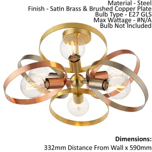 Semi Flush Ceiling Light - Satin Brass & Brushed Copper Plate - 6 x 40W E27 GLS