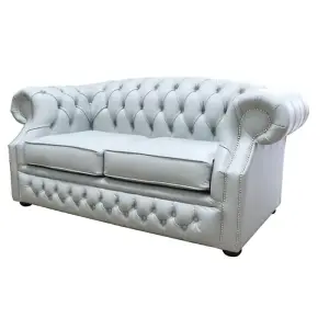 Chesterfield 2 Seater Sofa Shelly Silver Grey Leather In Buckingham Style