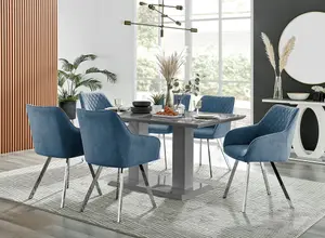 Imperia Grey High Gloss 6 Seater Dining Table with Structural 2 Plinth Column Legs Blue Fabric Silver Leg Falun Chairs