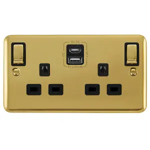 Curved Polished Brass 2 Gang 13A DP Ingot Type A & C USB Twin Double Switched Plug Socket - Black Trim - SE Home