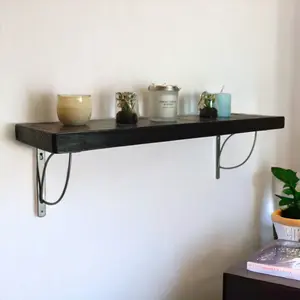 Solid Wood Handmade Rustical Shelf Black Ash 225mm 9 inch with Silver Metal Bracket TRAMP Length of 100cm