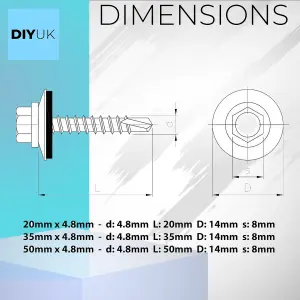 50mm Roofing Screws with Rubber Sealing Washer  (Pack of: 1000) Hex Head Self Drilling Screw Steel Zinc Plated