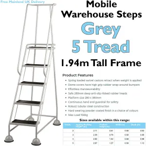 5 Tread Mobile Warehouse Steps GREY 1.94m Portable Safety Ladder & Wheels