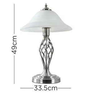 ValueLights Memphis 2 x Satin Nickel Barley Twist Table Lamps with Frosted Alabaster Shade with 6w LED GLS Bulbs In Warm White