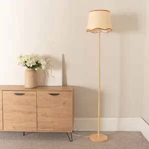 ValueLights Heather Light Wood Stem Floor Lamp with Scallop Rust Trim Tapered Shade and LED Bulb