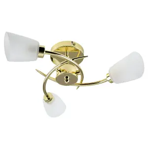 ValueLights Kavio 3 Way Spiral Polished Gold Ceiling Light with Frosted Glass Shades