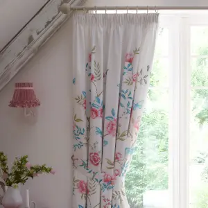 Amelle Blue Floral Print Pair of Pencil Pleat Curtains With Tie-Backs