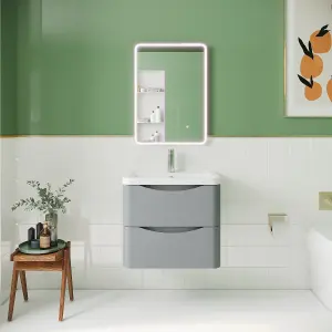 Wall Hung 2 Drawer Vanity Basin Unit with Polymarble Basin, 600mm - Satin Grey