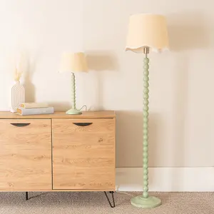 ValueLights Bobbins Sage Green Floor Lamp with Linen Scallop White Trim Shade and LED Bulb