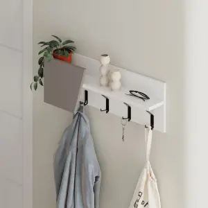 Decortie Modern Eleva Wall-Mounted Hanger White, Mocha Grey Engineered Wood with 4 Black Metal Hooks 74(D)x15.7(D)x26(H)cm