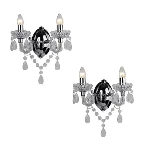 First Choice Lighting Set of 2 Marie Therese Clear Chrome 2 Light Wall Lights