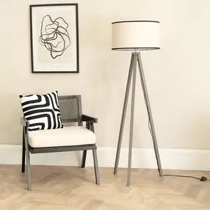 ValueLights Barbro Grey Wood Tripod Floor Lamp with Natural Linen with Black Trim Drum Shade