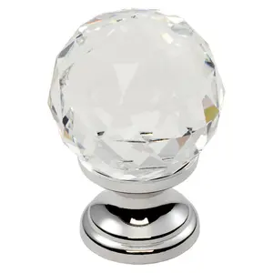 2x Faceted Crystal Cupboard Door Knob 31mm Dia Polished Chrome Cabinet Handle