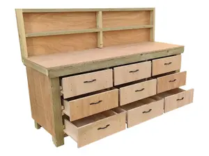 Wooden Eucalyptus hardwood top workbench, tool cabinet with drawers (V.2) (H-90cm, D-70cm, L-210cm) with back