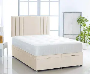 Cream  Plush Foot Lift Ottoman Bed With Memory Spring Mattress And  Vertical   Headboard 5.0FT King Size