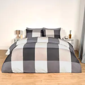 Gingham Check Duvet Cover Bedding Quilt Set Reversible, Grey - King