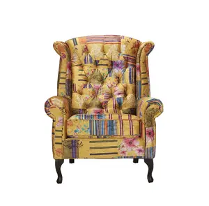 Fabric Gold Patchwork Chesterfield Avici Scroll Wingback Chair