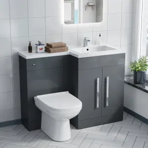 Nes Home Debra Bathroom Grey L-Shape RH Basin Vanity Unit BTW WC Toilet 1100mm