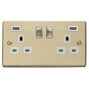 Polished Brass 2 Gang 13A DP Ingot 2 USB Twin Double Switched Plug Socket - White Trim - SE Home