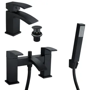 Bathroom WATERFALL Black Matt Basin Sink Mono Mixer & Bath Shower Mixer Tap Lever Tap