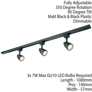 1m Adjustable Ceiling Track Spotlight Kit Matt Black 3x GU10 Downlight Rail