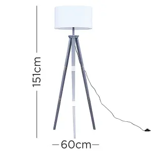 ValueLights Willow Large Grey Wood & Metal Tripod Design Floor Lamp with White Shade Complete with 6w LED GLS Bulb In Warm White