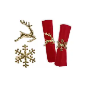 Christmas Napkin Rings 6 Gold Serviette Holder Ring Reindeer & Snowflake