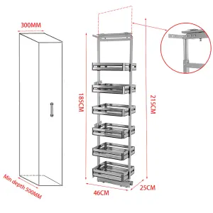 6 Tier Tall and Narrow Tandem Metal Pull Out Pantry Kitchen Storage Cabinet Basket Shelf W 250mm