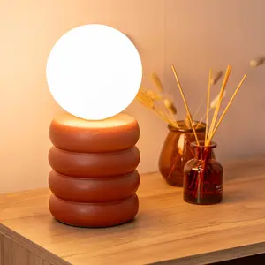 ValueLights Nelly Rust Stacked Ceramic Bedside Table Lamp with a Globe Glass Lampshade - Bulb Included