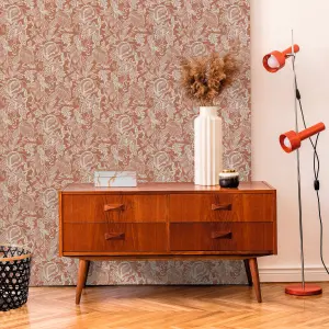 Grandeco Mae Painted Jungle Leaves Linen Textured Wallpaper Terracotta