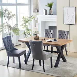 Marvin Oak Wood Veneer Dining Table and 4 Grey Luxury Velvet Dining Chairs Dining Room Furniture Sets