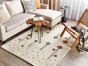 Wool Gabbeh Area Rug with Floral Pattern 140 x 200 cm Beige HUSUNLU