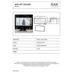 RAK Art Square 600x1200mm Matt Black Square with Touch Sensor Illuminated Mirror IP44