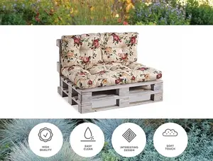 Garden Outdoor Pallet Cushion Set EURO Sofa Floral Cream Tufted Seat Back Pads