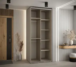 Elegant Dakota IV Sliding Door Wardrobe W1200mm H2350mm D600mm with Mirrored Door in Cashmere & Black Finish