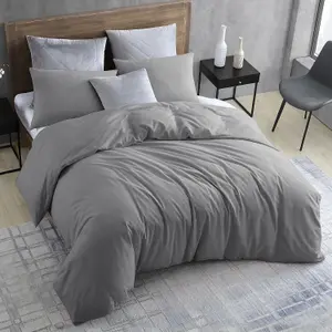 Luxury Plain Duvet Cover 3-Piece Reversible Grey Super Soft & Breathable  Quilt Bedding  Set Single Double King Super King Sizes