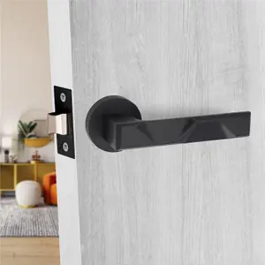 5 Pair Modern Nova Design Matt Black Premium Door Handles Round Rose 3" Ball Bearing Hinges and 2.5" Tubular Latch - Golden Grace