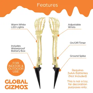 Global Gizmos Set of 2 Halloween Skeleton Arm Lights / Indoor or Outdoor Halloween Decoration / 6 Hour Timer / IP44 Waterproof