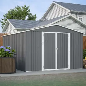 Birchtree 10X12FT Metal Garden Shed Apex Roof With Free Foundation Base Storage House Grey