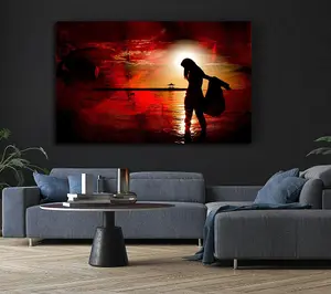 Red Sunset Ocean Walk Canvas Print Wall Art - Medium 20 x 32 Inches