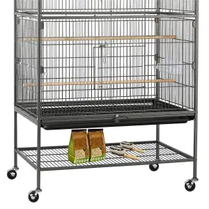 Yaheetech Black Metal Rolling Bird Cage with 3 Perches & 4 Feeders & Storage Shelf