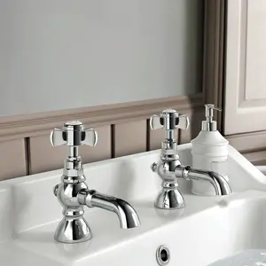 Nes Home Eliza Traditional Cross Lever Basin Taps Twin Chrome Pair Solid Brass Hot and Cold