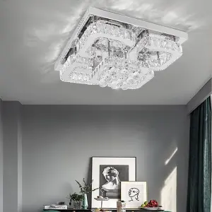 Modern 50cm 5 Head Square Fancy Crystal LED Chrome Flush Mount Dimmable Ceiling Light Fixture