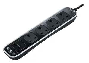 Masterplug Surge Black 4 socket Extension lead with USB, 1m