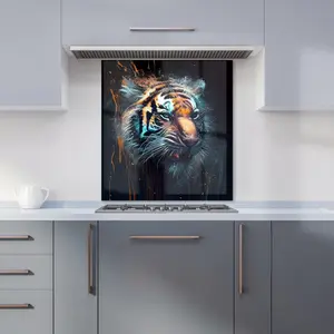 Tiger Face Splashart Dark Background Premium Glass Kitchen Splashback W900mm x H650mm