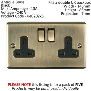 5 PACK 2 Gang Double UK Plug Socket ANTIQUE BRASS 13A Switched Power Outlet